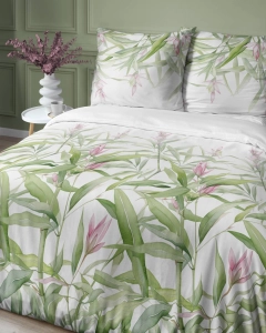 Pościel satyna bawełniana Home Satin biała 160x200 zielone liście i różowe kwiaty