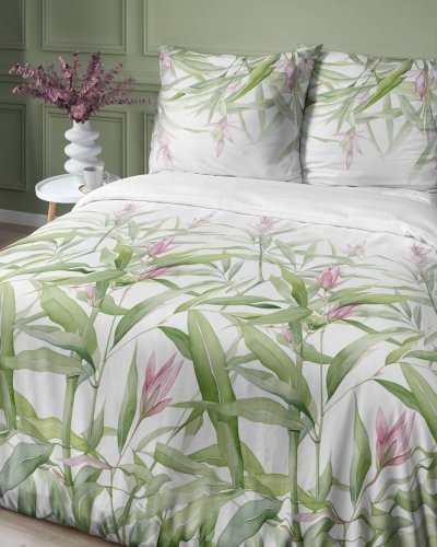 Pościel satyna bawełniana Home Satin biała 220x200 zielone liście i różowe kwiaty