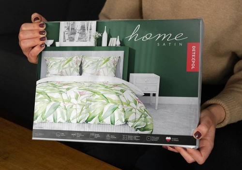 Pościel satyna bawełniana Home Satin biała 220x200 zielone liście i różowe kwiaty