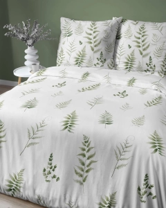 Pościel z satyny bawełnianej Home Satin biała 160x200 w zielone gałązki