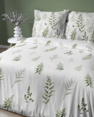 Pościel z satyny bawełnianej Home Satin biała 220x200 w zielone gałązki