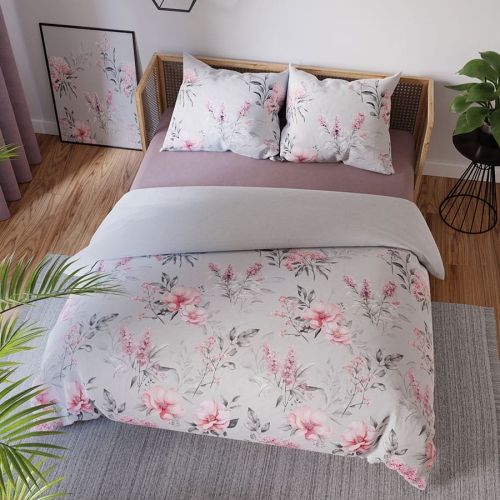 Komplet pościeli z bawełny satynowej popielata w różowe kwiaty 220x200 Azalea
