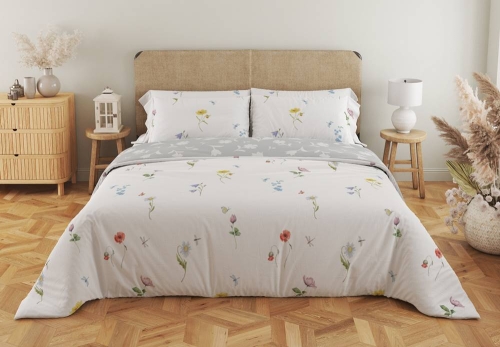 Pościel bawełniana Cottage biała 160x200 w polne kwiaty, motyle i ważki