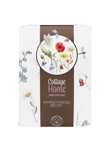 Pościel bawełniana Cottage biała 160x200 w polne kwiaty, motyle i ważki