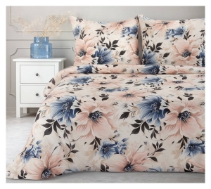 Komplet pościeli kremowej Sonia 100% bawełniana 220x200 w błękitne i pudrowe kwiaty 