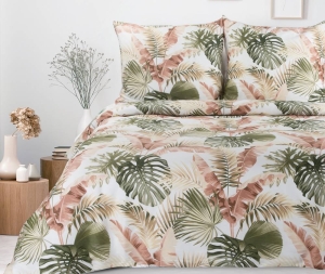 Komplet pościeli z bawełny satynowej białej Spring 220x200 w liście monstery
