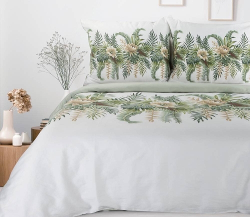 Komplet pościeli z bawełny satynowej biało miętowej Spring 160x200 w kremowe kwiaty w liściach