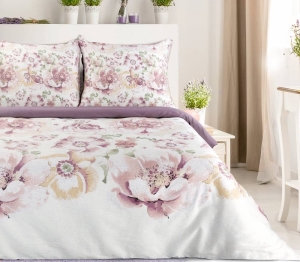 Komplet pościeli z bawełny satynowej Spring 220x200 w fioletowe kwiaty