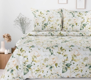 Komplet pościeli białej Sonia 100% bawełniana 140x200 kremowe kwiaty i listki