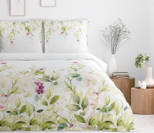 Komplet pościeli z bawełny satynowej białej w liście i drobne fioletowe kwiaty 220x200 Nika