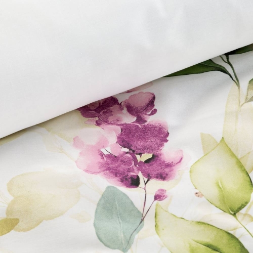 Komplet pościeli z bawełny satynowej białej w liście i drobne fioletowe kwiaty 220x200 Nika