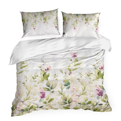 Komplet pościeli z bawełny satynowej białej w liście i drobne fioletowe kwiaty 220x200 Nika