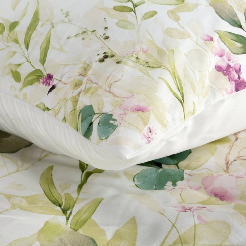 Komplet pościeli z bawełny satynowej białej w liście i drobne fioletowe kwiaty 220x200 Nika