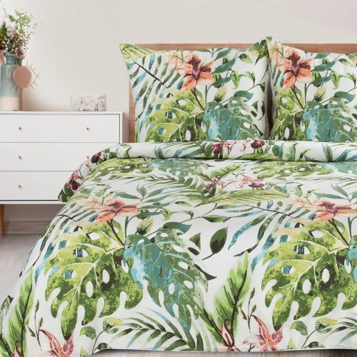 Komplet pościeli białej Sonia 100% bawełniana 220x200 w liście monstery
