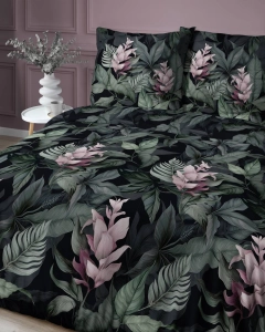 Pościel satyna bawełniana czarno zielona Home Satin 160x200 w liście i kwiaty