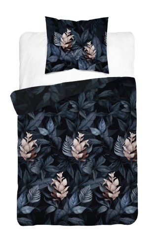 Pościel satyna bawełniana czarno granatowa Home Satin 140x200 w liście i kwiaty