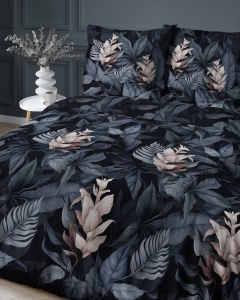 Pościel satyna bawełniana czarno granatowa Home Satin 160x200 w liście i kwiaty
