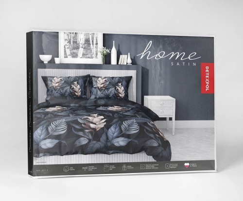 Pościel satyna bawełniana czarno granatowa Home Satin 160x200 w liście i kwiaty