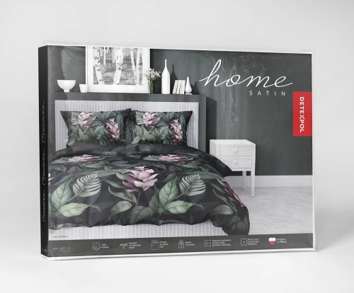 Pościel satyna bawełniana czarno zielona Home Satin 220x200 w liście i kwiaty