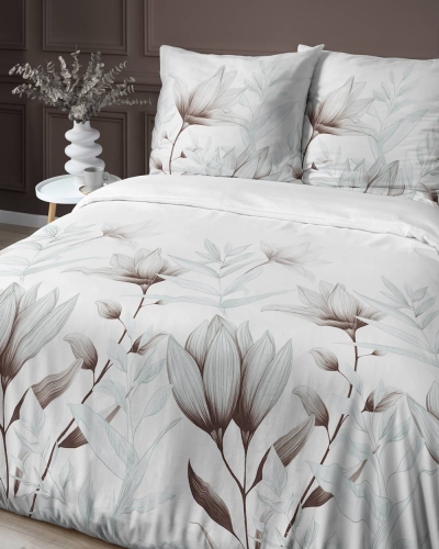 Pościel satyna bawełniana biała Home Satin 220x200 w delikatne brązowo-beżowe kwiaty