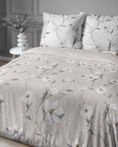 Pościel satyna bawełniana Home Satin beżowa 160x200 w białe kwiaty