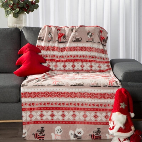 Koc świąteczny 150x200 beżowo czerwony w pieski