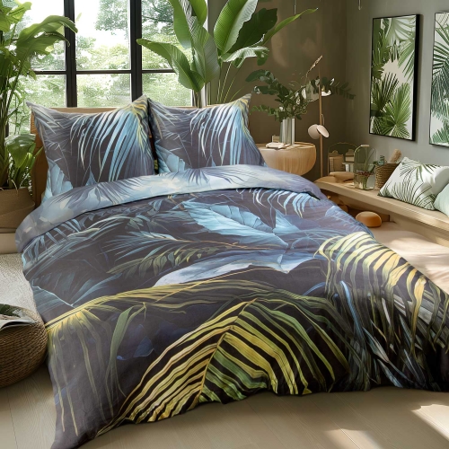 Pościel z bawełny satynowej zielono błękitne liście 220x200 Satynlove