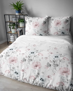 Pościel bawełniana 100% biała 160x200 w miętowe i różowe kwiaty
