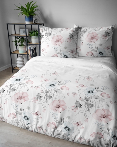 Pościel bawełniana 100% biała 220x200 w miętowe i różowe kwiaty