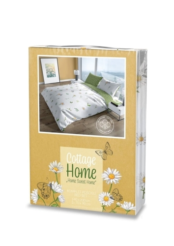 Pościel bawełniana Cottage biała 160x200 w stokrotki