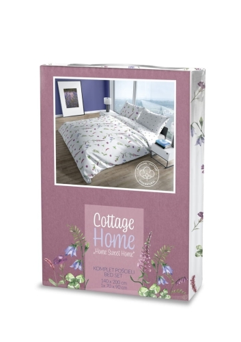 Pościel bawełniana Cottage biała 160x200 w różowe i fioletowe kwiaty