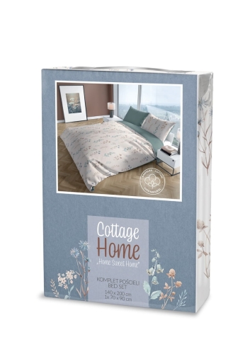 Pościel bawełniana Cottage biała 160x200 w kwiaty w kolorach pastelowych