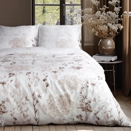 Pościel z bawełny satynowej Satynlove 220x200 w beżowe kwiaty