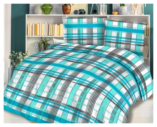 Pościel flanelowa turkusowo biało czarna 160x200 w kratę 