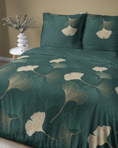 Pościel satyna bawełniana zielona Home Satin 160x200 liście ginkgo 