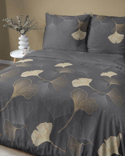 Pościel satyna bawełniana brązowa Home Satin 220x200 liście ginkgo 