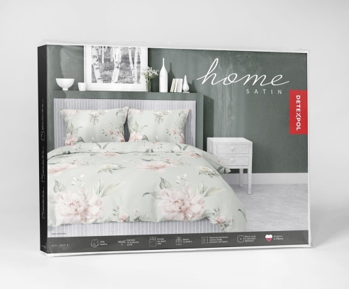 Pościel satyna bawełniana jasno zielona Home Satin 160x200 w kremowe i różowe kwiaty