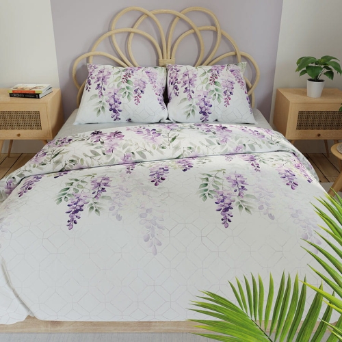 Komplet pościeli z bawełny satynowej w fioletowe kwiaty 160x200 Lavanya