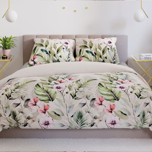 Komplet pościeli z bawełny satynowej w kwiaty hibiskusa 220x200 Paradis