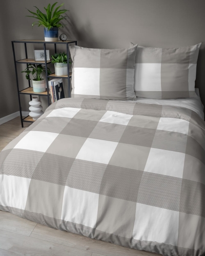Pościel flanelowa beżowo biała 160x200 w duża kratę