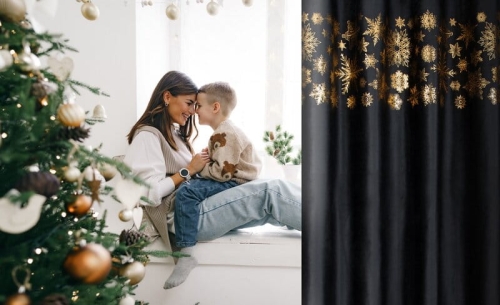 Świąteczna zasłona Astra 140x250 czarno złota przelotki