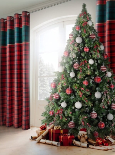 Świąteczna zasłona Cherry 140x250 w kratę