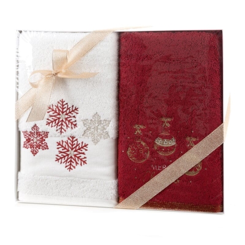 Komplet świątecznych ręczników biało czerwonych 50x90 Śnieżki Bombki