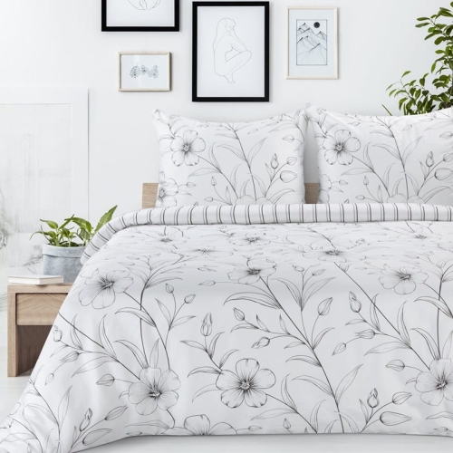 Komplet pościeli z bawełny satynowej czarno biała 140x200 w kwiaty Spring