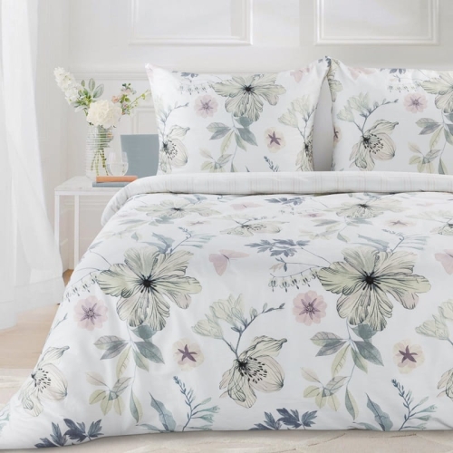 Komplet pościeli z bawełny satynowej 220x200 w kwiaty i liście Spring 