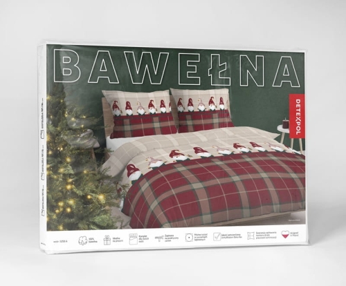 Świąteczna pościel bawełniana czerwono beżowa 160x200 Gnomy