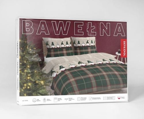 Świąteczna pościel bawełniana zielono beżowa 160x200 Gnomy