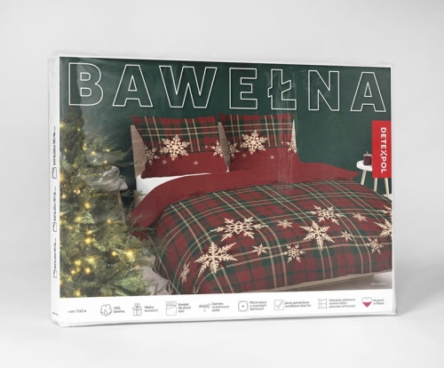 Świąteczna pościel bawełniana czerwona krata 160x200 Śnieżynki