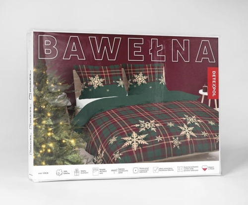 Świąteczna pościel bawełniana zielona krata 160x200 Śnieżynki