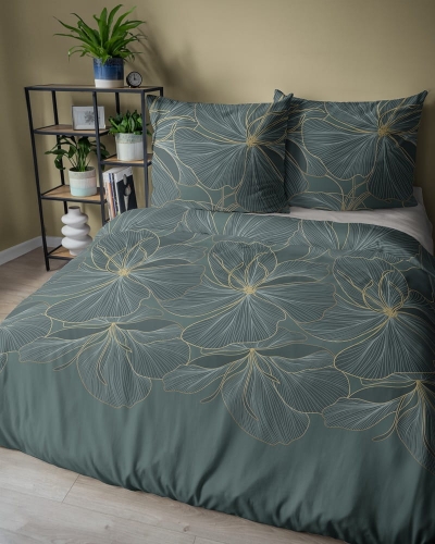 Pościel satyna bawełniana zielona 160x200 w kwiaty Home Satin